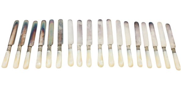 18 Antique MOP Handle Dinner Knives Mixed Patterns