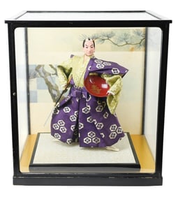 Vintage Japanese Kabuki Samurai Doll in Glass Case