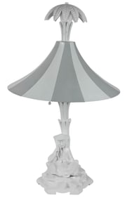 Chinoisserie Lamp w Seated Figure Under Tole Shade