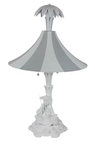 Chinoisserie Lamp w Seated Figure Under Tole Shade