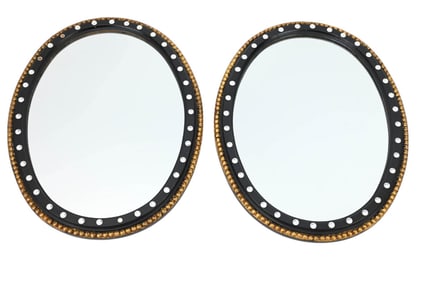 2 Italian Gilt & Black Oval Mirrors w Rhinestones