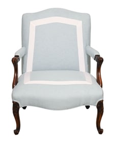 Custom Blue Upholstered Carved Accent Chair