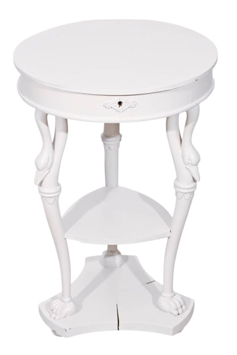 Jacobean Style Sewing Table w/ Carved Swan Legs: Antique Jacobean Style Hand Painted Sewing Table with Carved Swan Legs.Measures 24 inches x 16 inches x 16 inches.