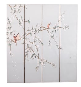 Oriental Style Screen with Printed Floral Canvas