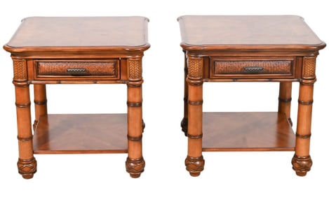 Pair Havertys Faux Bamboo and Rattan Side Tables