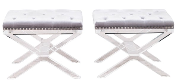 Pair Mid Century Tufted Upholstered Lucite Stools