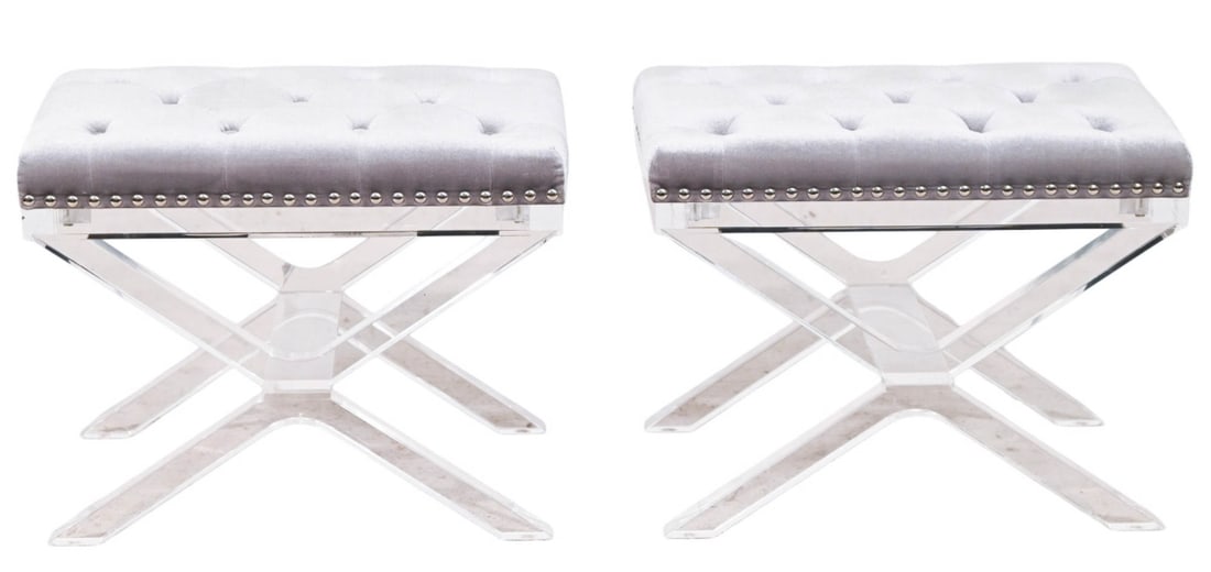Pair Mid Century Tufted Upholstered Lucite Stools (1 of 10)