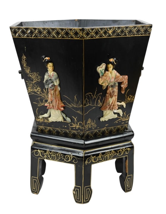 Chinese Black Lacquer & Hardstone Planter w Stand (1 of 15)