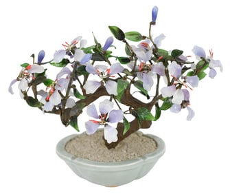 Vintage Chinese Glass Bonsai Tree Purple Blossoms