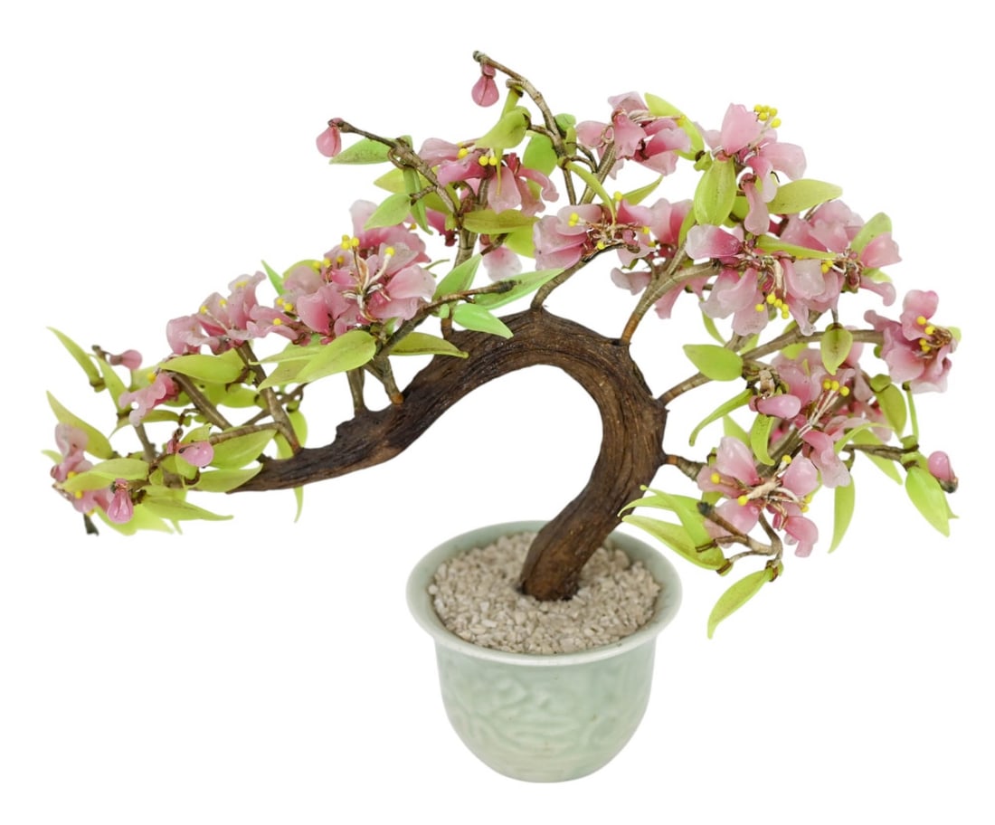 Vintage Chinese Glass Bonsai Cherry Blossom Tree: Vintage Chinese Glass Bonsai Cherry Blossom Tree in Porcelain Pot. Measures 11 inches x 12 inches. May be some minor petal loss. Sold as is.
