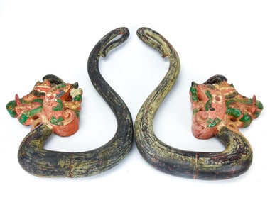 2 Balinese Carved Painted Dragon Form Hooks