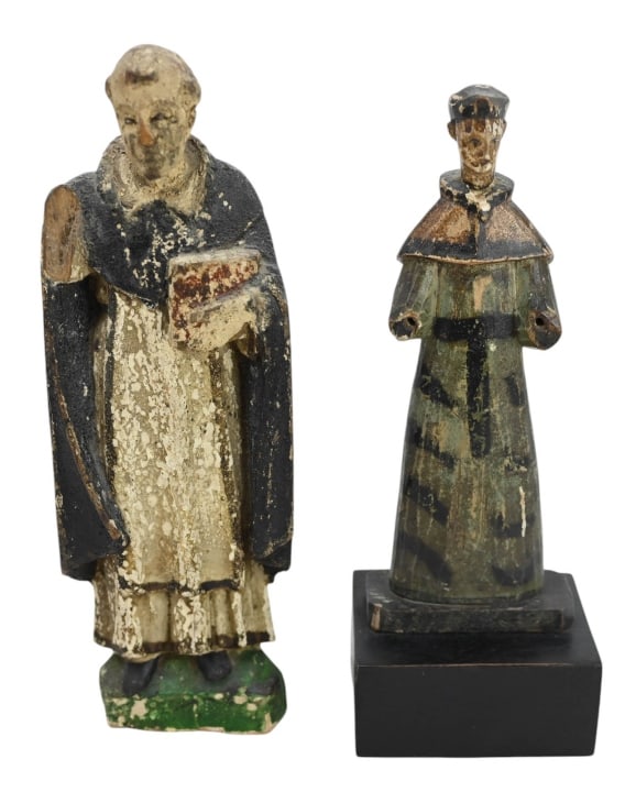 2 Hand Carved & Painted Antique Santos Statues: 2 Hand Carved & Painted Antique Santos Statues. Larger measures 10 inches x 4 inches.