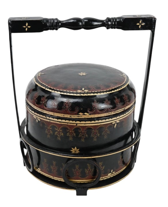 Chinese Black Lacquer Hand Painted Wedding Basket: Chinese Black Lacquer Hand Painted Wedding Basket in Carrying Frame. Measures 13 inches x 10 inches.