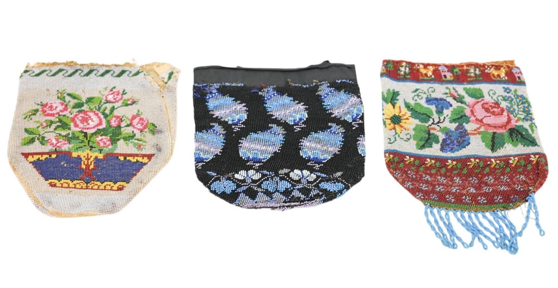 3 Antique 19th C Micro Hand Beaded Reticule Bags (1 of 8)