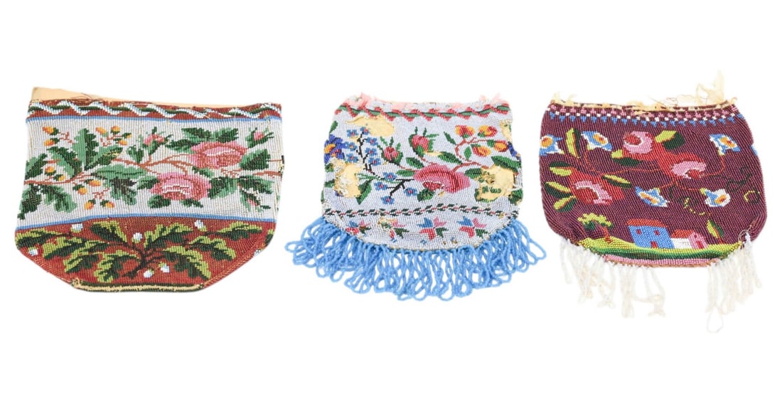 3 Antique 19th C Micro Hand Beaded Reticule Bags (1 of 8)