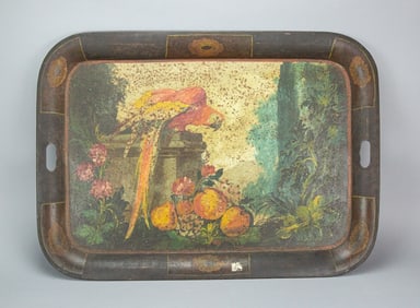 Antique Hand Painted Tole Tray w Parrot Motif