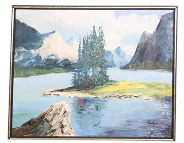 Mendoza Signed Oil Painting Mountain Lake Landscap