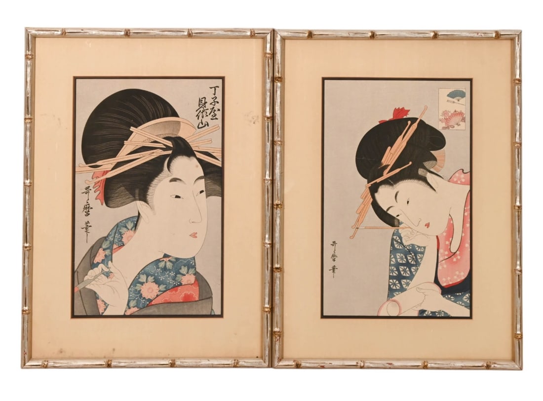 Pair Kitagawa Utamaro Wood Blocks w Silver Leaf (1 of 12)