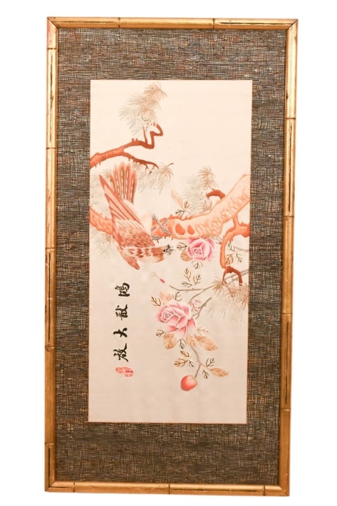 Antique Chinese Embroidered Silk Tapestry Hawk (1 of 13)