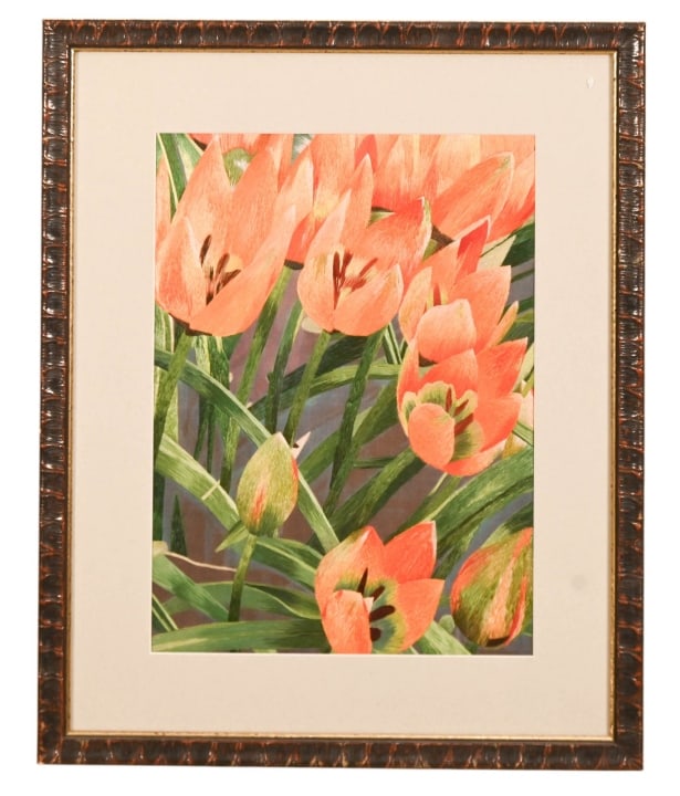 Embroidery Wonders Silk Panel of Tulips COA: Embroidery Wonders Silk Panel of Embroidered Tulips with COA. Framed measures 21 inches x 17 inches.