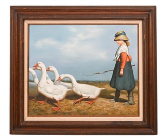 Don Beach Signed Oil Painting of Girl w Geese