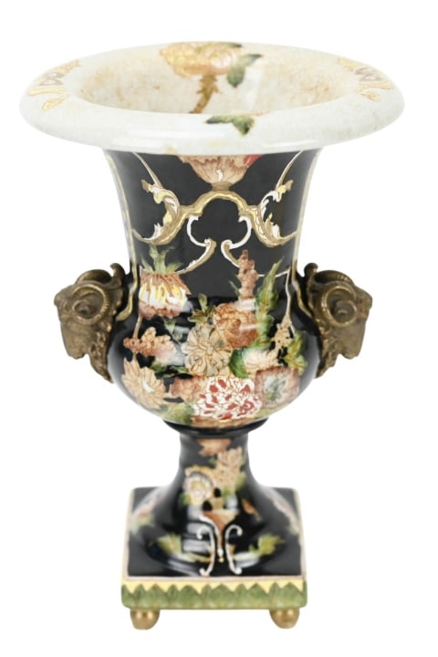JUWC United Wilson 1897 Porcelain & Bronze Urn: JUWC United Wilson 1897 Hand Painted Porcelain & Bronze Footed Urn with Figural Rams Head Handles. Measures 9 inches x 5 inches.