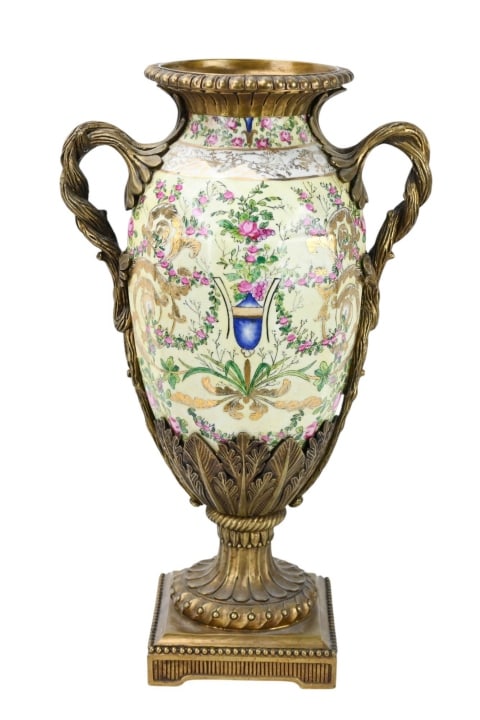 JUWC United Wilson 1897 Porcelain & Bronze Urn: JUWC United Wilson 1897 Hand Painted Porcelain & Bronze Amphora Urn. Measures 19 inches x 12 inches.