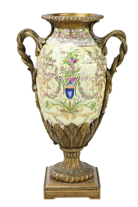 JUWC United Wilson 1897 Porcelain & Bronze Urn: JUWC United Wilson 1897 Hand Painted Porcelain & Bronze Amphora Urn. Measures 19 inches x 12 inches.