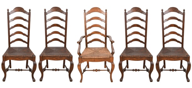 5 Antique Carved Ladder Back Rush Seat Chairs
