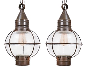 Pair Hinkley Cape Cod Rubbed Brass Pendant Lights