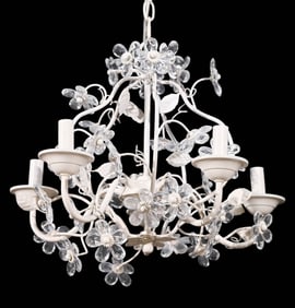 White Tole and Crystal Floral 5 Light Chandelier