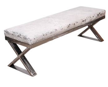 Modern Brushed Metal and Hide Upholstered Bench