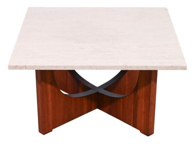 Mid Century Travertine Stone Top Side Table