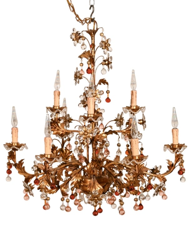 Venetian Gilt and Tole Chandelier w Amber Crystals: Venetian Gilt and Tole 9 Light Chandelier w Amber Crystals.Measures 34 inches x 32 inches diameter.
