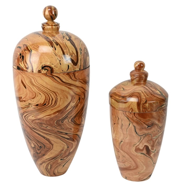Pair Lazy Susan Red Marble Mango Wood Urns (1 of 13)