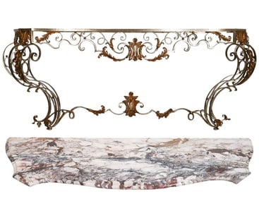 Biron Mache Rococo Iron & Tole Marble Top Console