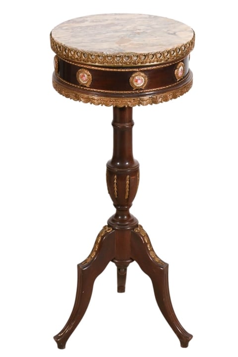 French Ormolu Mounts w Limoges Marble Top Table: French Empire Ormolu Mounts with Hand Painted Porcelain Limoges Cameos Pedestal Marble Top Side / Wine Table.Measures 32 inches x 13 inches diameter.