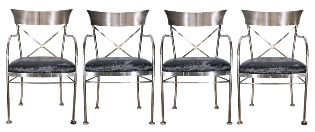 4 Regency Style Steel and Brass Dining Chairs: 4 Regency Style Steel and Brass Dining Chairs. Needs to re upholstered, cushions are in bad shape.Measures 29 inches x 21 inches x 20 inches, seat height 19 inches.