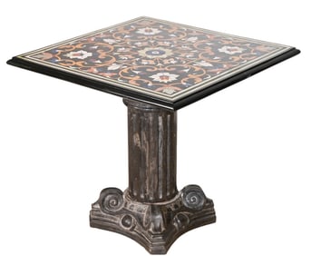 Pietra Dura Inlay Marble Top Column Pedestal Table