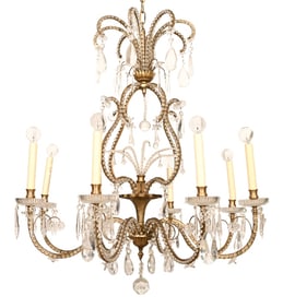 French Beaded Crystal & Glass 8 Light Chandelier