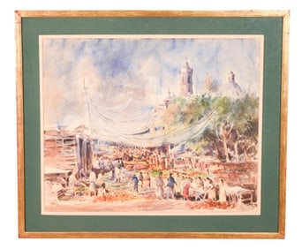 P. Ortiz Signed Watercolor of Open Air Market