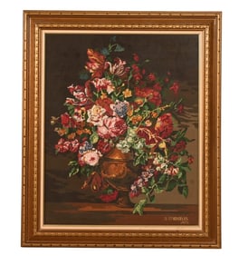 Large Hand Made Needlepoint Flemish Still Life Urn