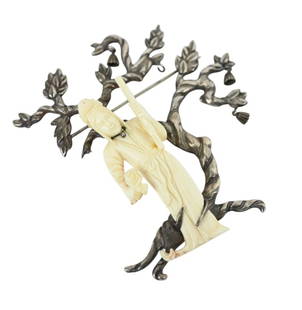 Los Castillo Vintage Sterling Silver & Netsuke Pin: Vintage Los Castillo Taxco Sterling Silver & Netsuke Brooch Featuring Netsuke Female Figure Set in Stylized Tree Circa 1940's. Tree has small sterling blossoms hanging from it, of which one is missing