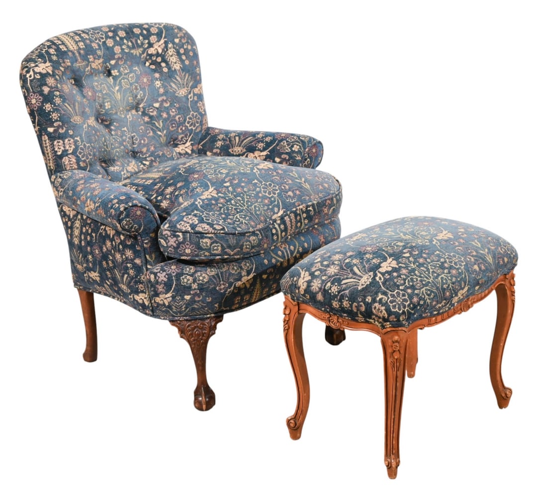 Antique Custom Upholstered Lounge Chair w/Ottoman (1 of 20)