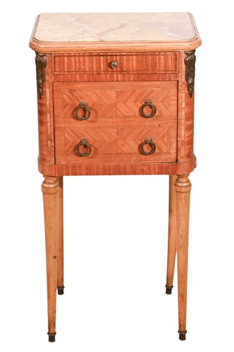 Antique Satinwood Inlay Marble Top Ice Chest: Antique Satinwood Inlay Marble Top Ice Chest with Ormolu. Missing veneer on front and sides. Needs restoration. Sold as is.Measures 34 inches x 18 inches x 15 inches.