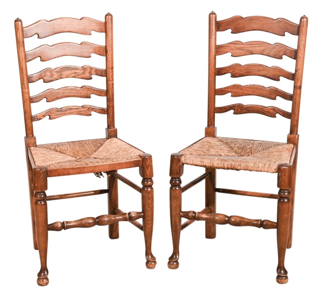 Pair Farm Style Carved Ladder Back Rush Chairs (1 of 12)
