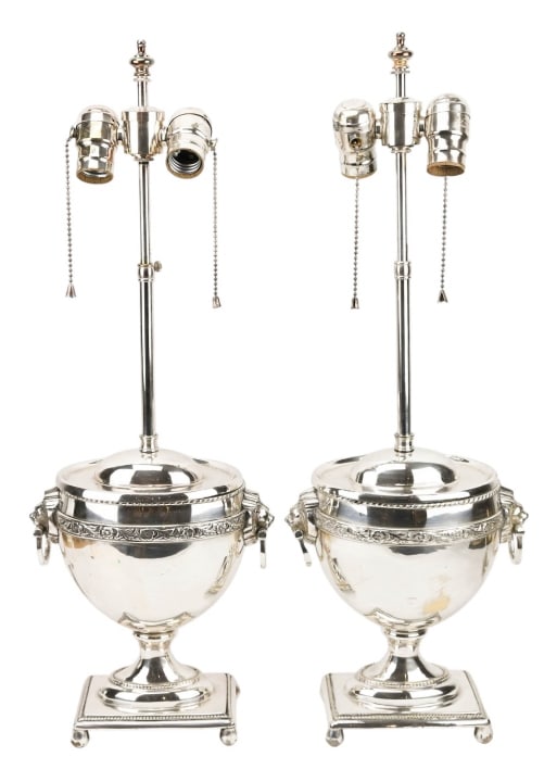 Pair Silver Plate Roman Greco Urn Form Table Lamps (1 of 14)