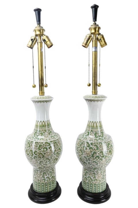 Pair Marbro Mid C. Chinoisserie Porcelain Lamps: Pair Marbro Mid Century Chinoisserie Hand Painted Sage Green and White Porcelain Lamps with 2 Lights Each. Each measures 37 inches x 8 inches in diameter.