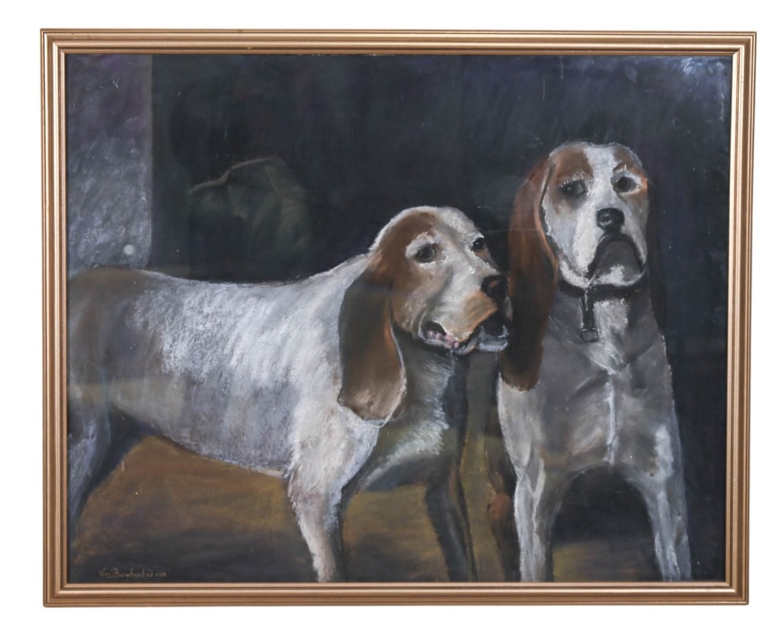 Van Bernhard Signed Pastel of 2 Beagle Hounds: Van Bernhard Signed Pastel of 2 Beagle Hounds, Framed. Measures 33 inches x 43 inches.