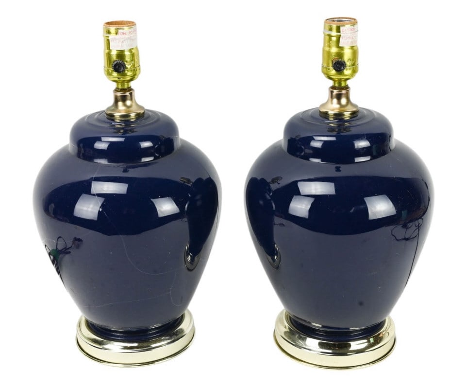 Pair Cobalt Blue Porcelain Ginger Jar Form Lamps (1 of 10)